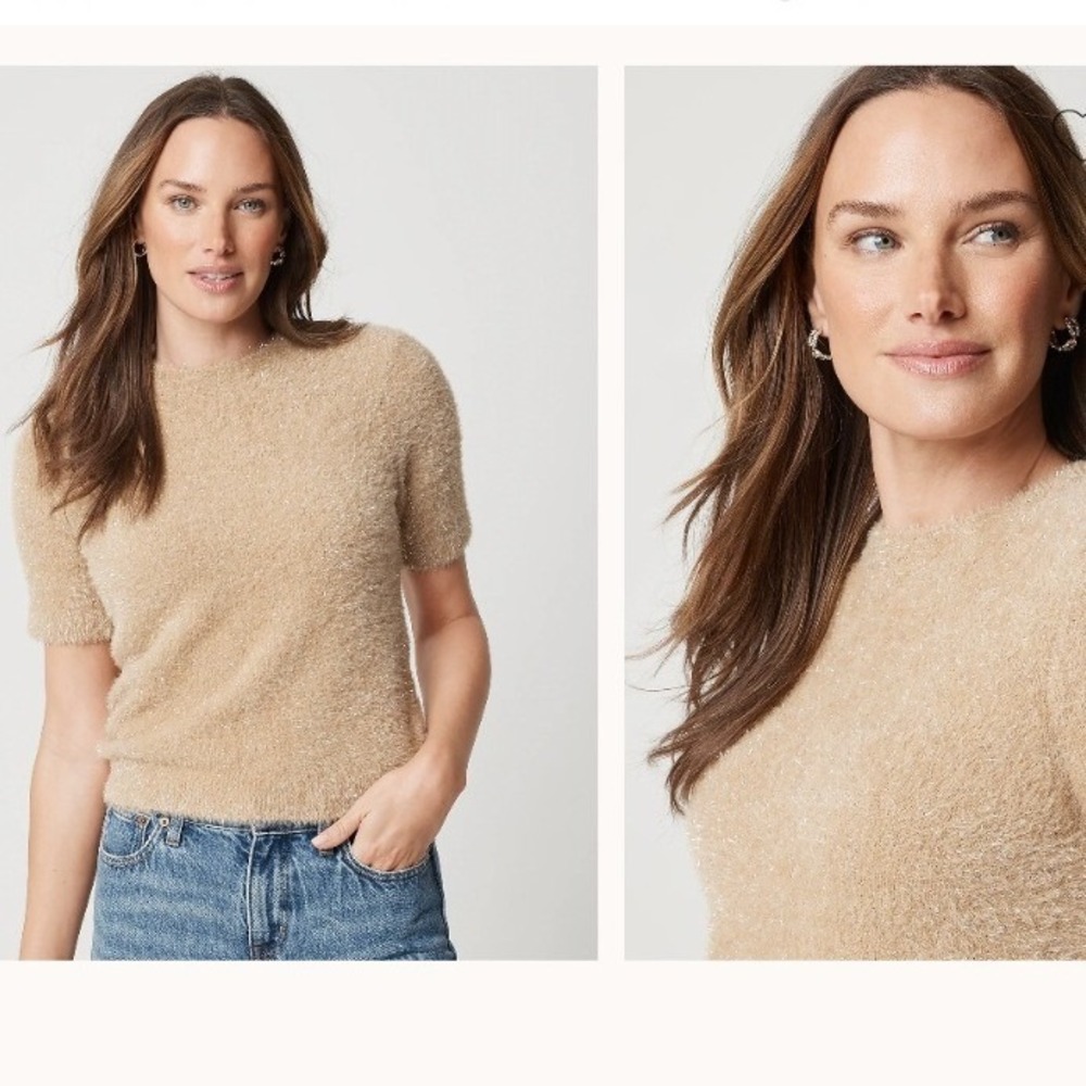 J.Crew Womens Short Sleeve Fuzzy Metallic Sparkle Sweater Champagne CP353 XS NEW